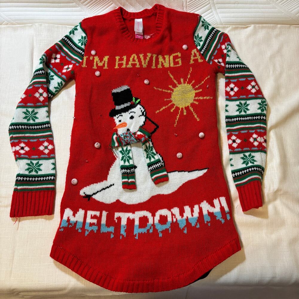 No Boundaries XS Ugly Christmas Sweater Snowman Meltdown 3D Scarf Fair Isle